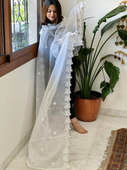White Kota Cotton Dupatta with Thread Embroidery - Masakalee