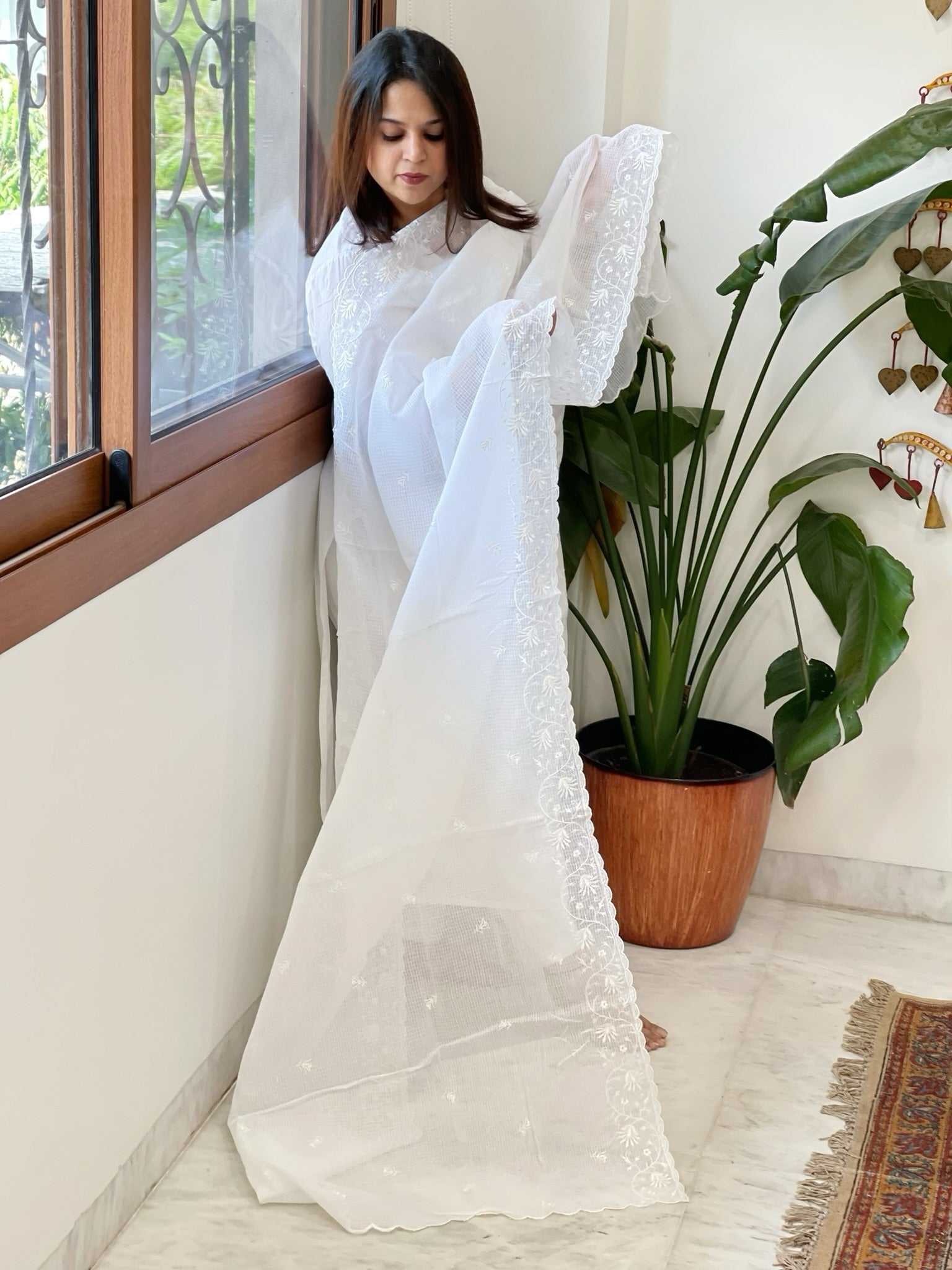 White Kota Cotton Dupatta with Thread Embroidery - Masakalee