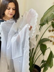 White Kota Cotton Dupatta with Thread Embroidery - Masakalee