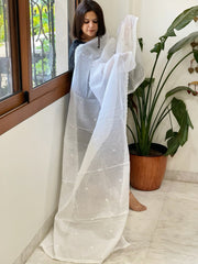 White Kota Cotton Dupatta with Thread Embroidery - Masakalee