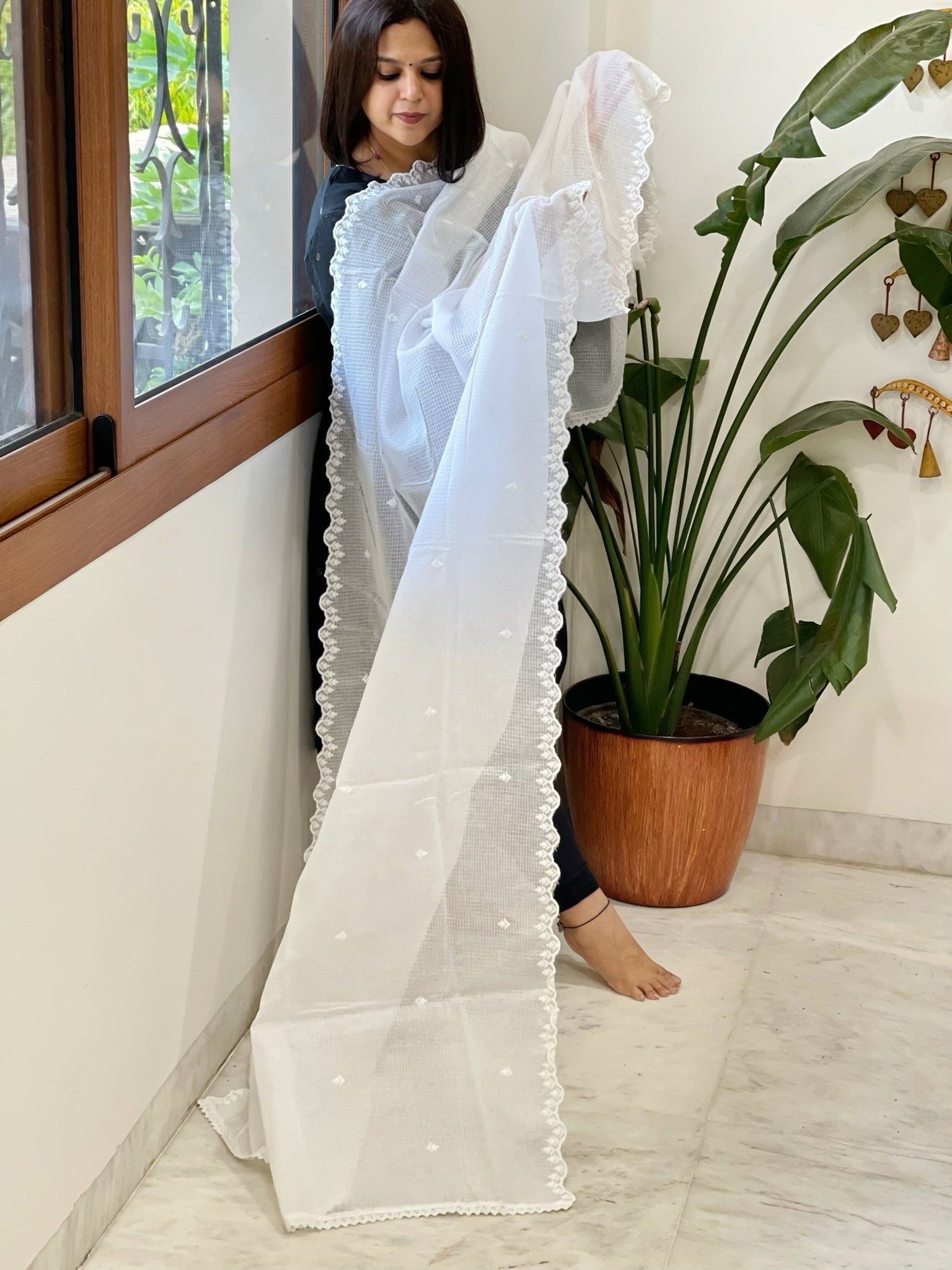 White Kota Cotton Dupatta with Thread Embroidery - Masakalee