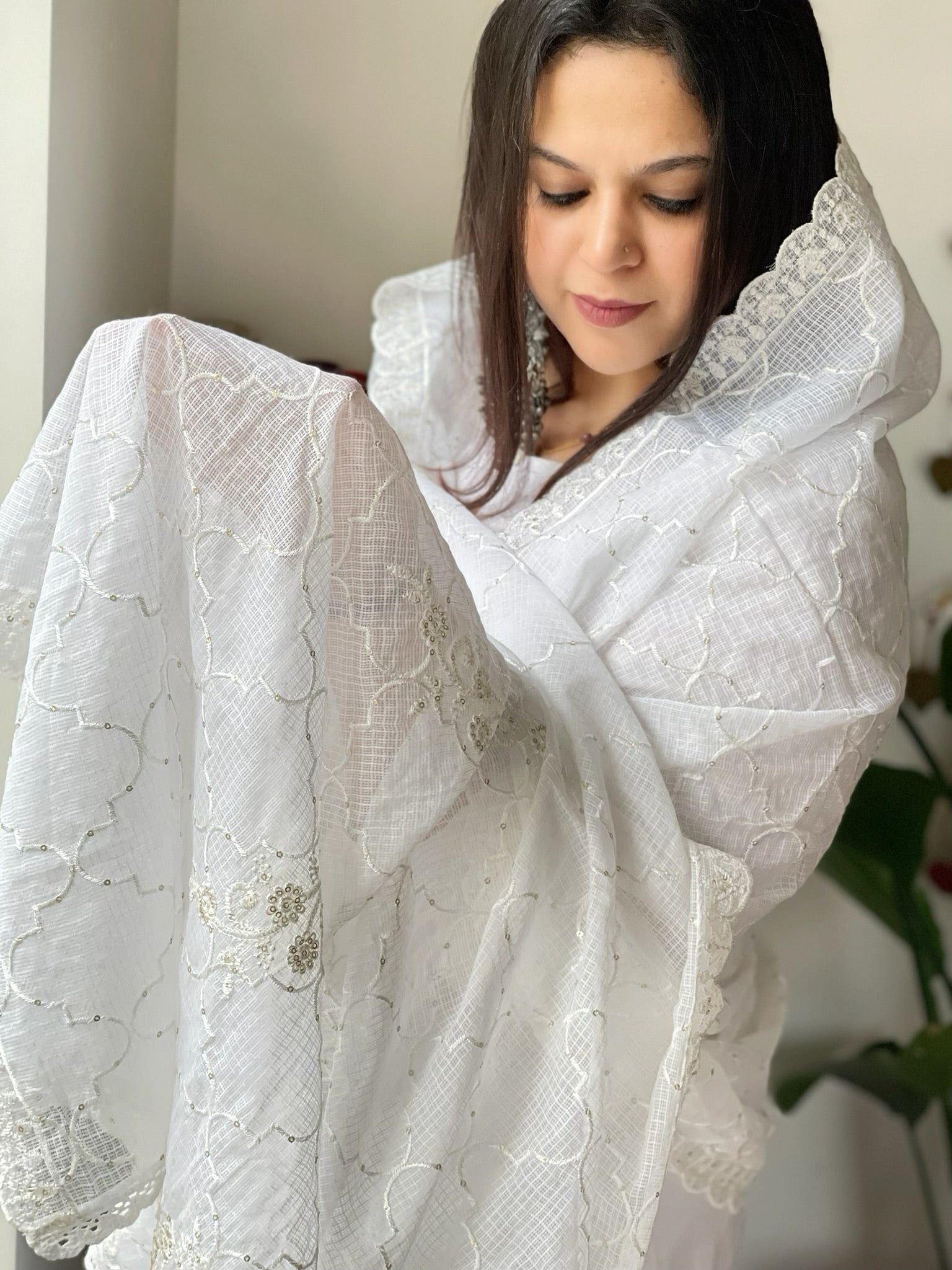 White Kota Cotton Thread and Sequin Jaal Embroidered Dupatta - Masakalee