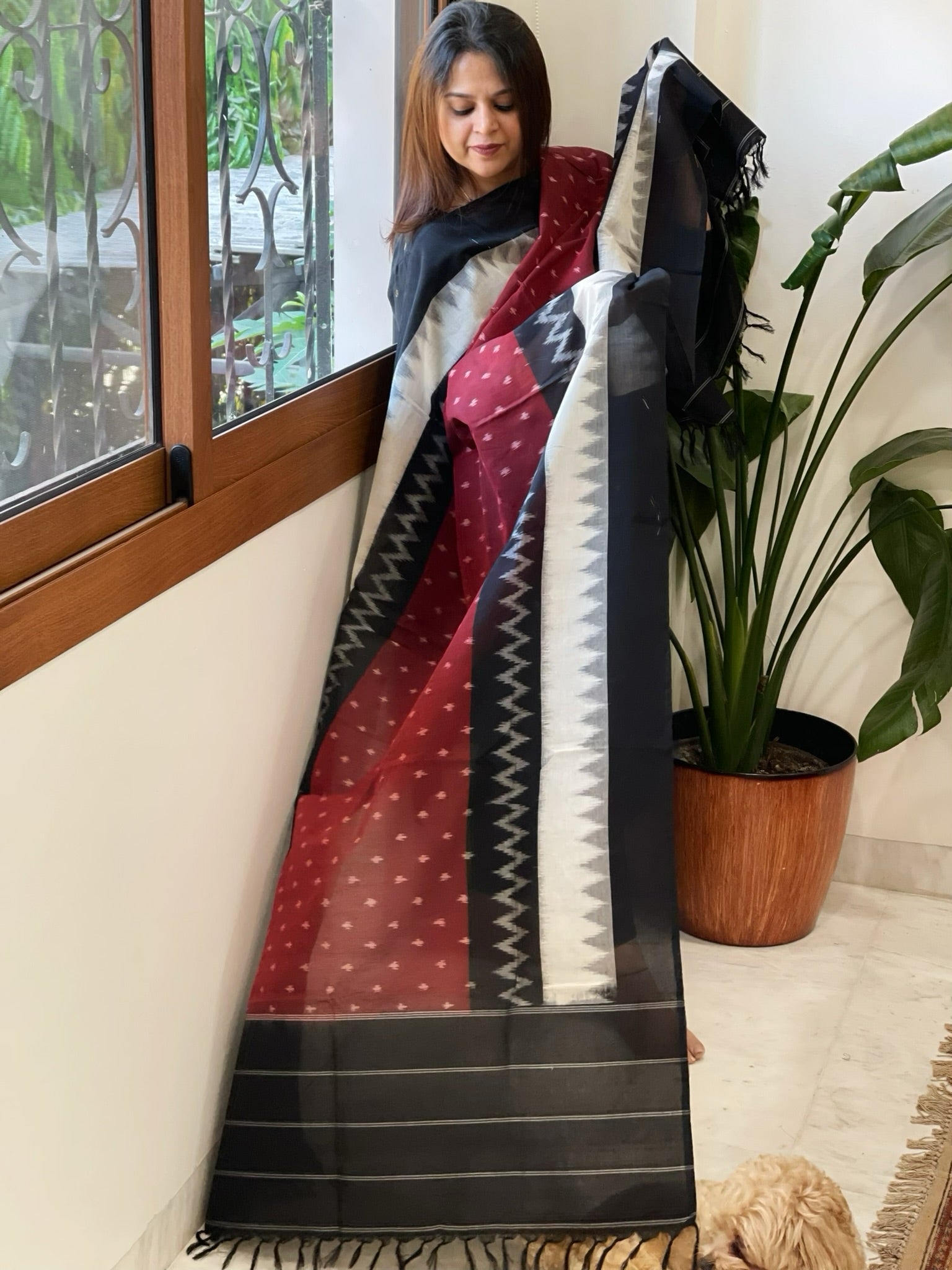 White, Maroon Handwoven Ikat Dupatta in Cotton - Masakalee