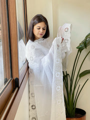White Mul Cotton Dupatta with Cut Work - Masakalee
