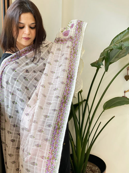 White Mul Cotton Handblock Printed Dupatta - Masakalee