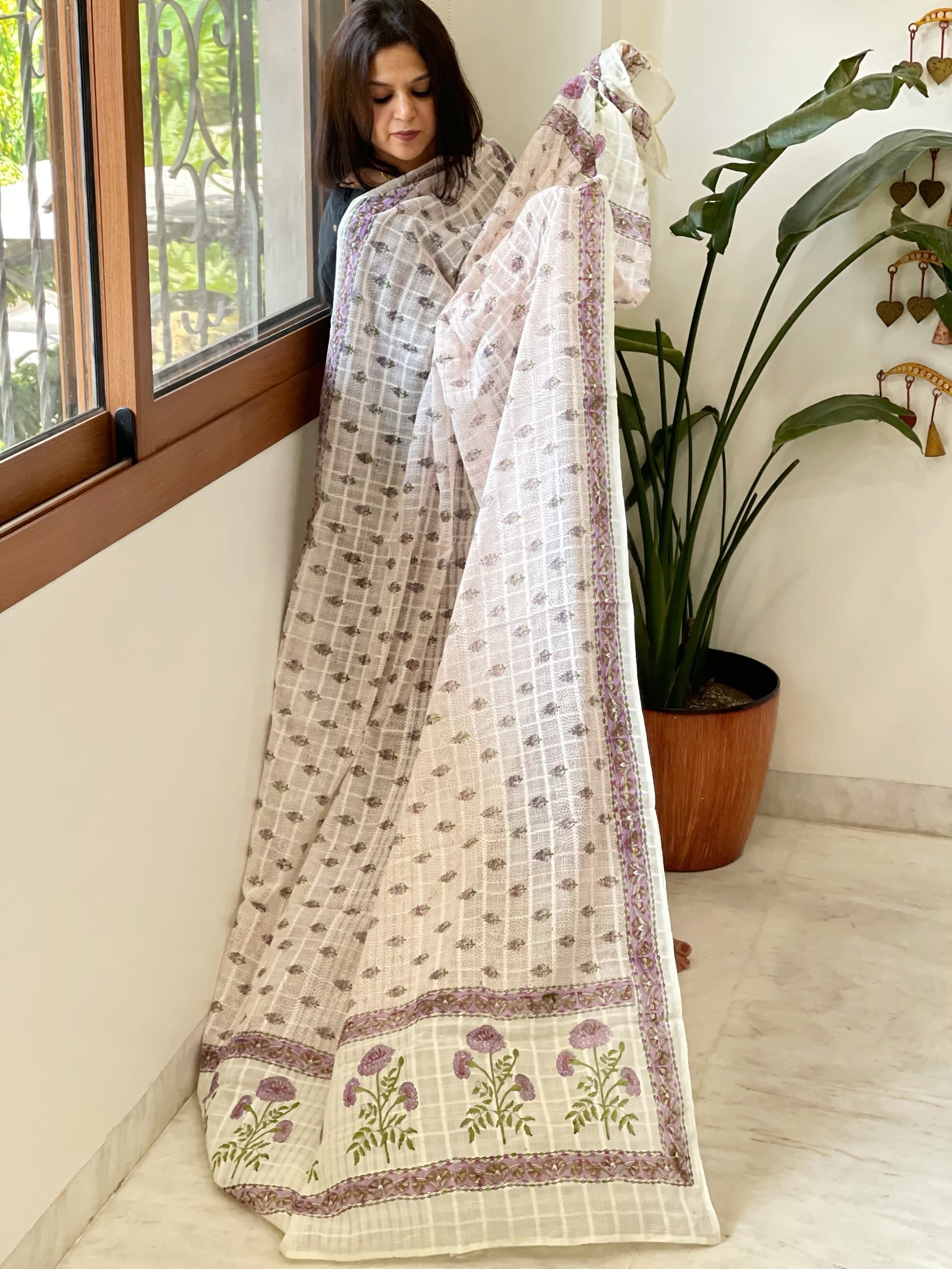 White Mul Cotton Handblock Printed Dupatta - Masakalee