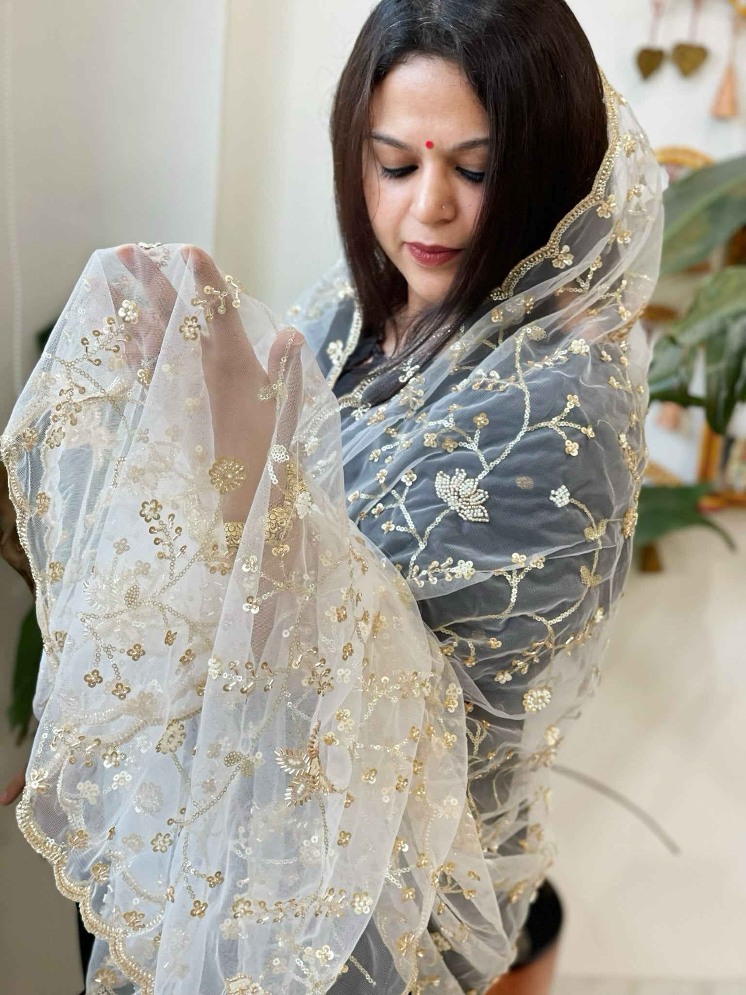 White Net Dupatta with Sequin and Cut Daana Embroidery - Masakalee