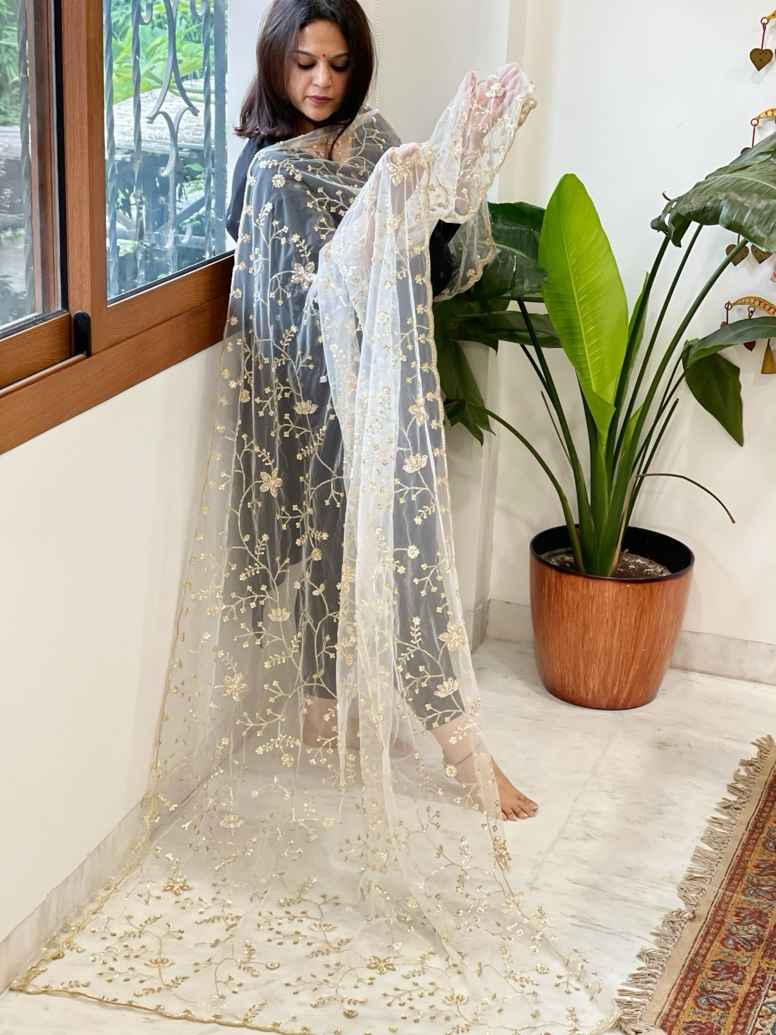 White Net Dupatta with Sequin and Cut Daana Embroidery - Masakalee