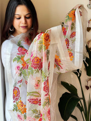 White Organza Dupatta with cross - stitch embroidery - Masakalee