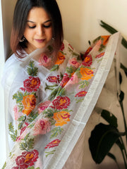 White Organza Dupatta with cross - stitch embroidery - Masakalee