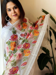 White Organza Dupatta with cross - stitch embroidery - Masakalee