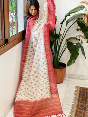 White, Pink Handwoven Ikat Dupatta in Cotton - Masakalee