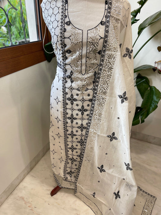 White Suit Set with Thread and Mukaish Work in Chanderi - Masakalee