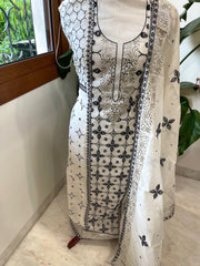 White Suit Set with Thread and Mukaish Work in Chanderi - Masakalee