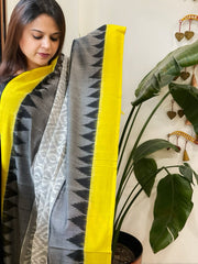 White, Yellow Handwoven Ikat Dupatta in Cotton - Masakalee