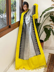 White, Yellow Handwoven Ikat Dupatta in Cotton - Masakalee