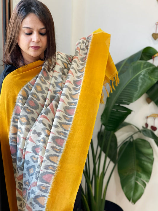 White, Yellow Handwoven Ikat Dupatta in Cotton - Masakalee