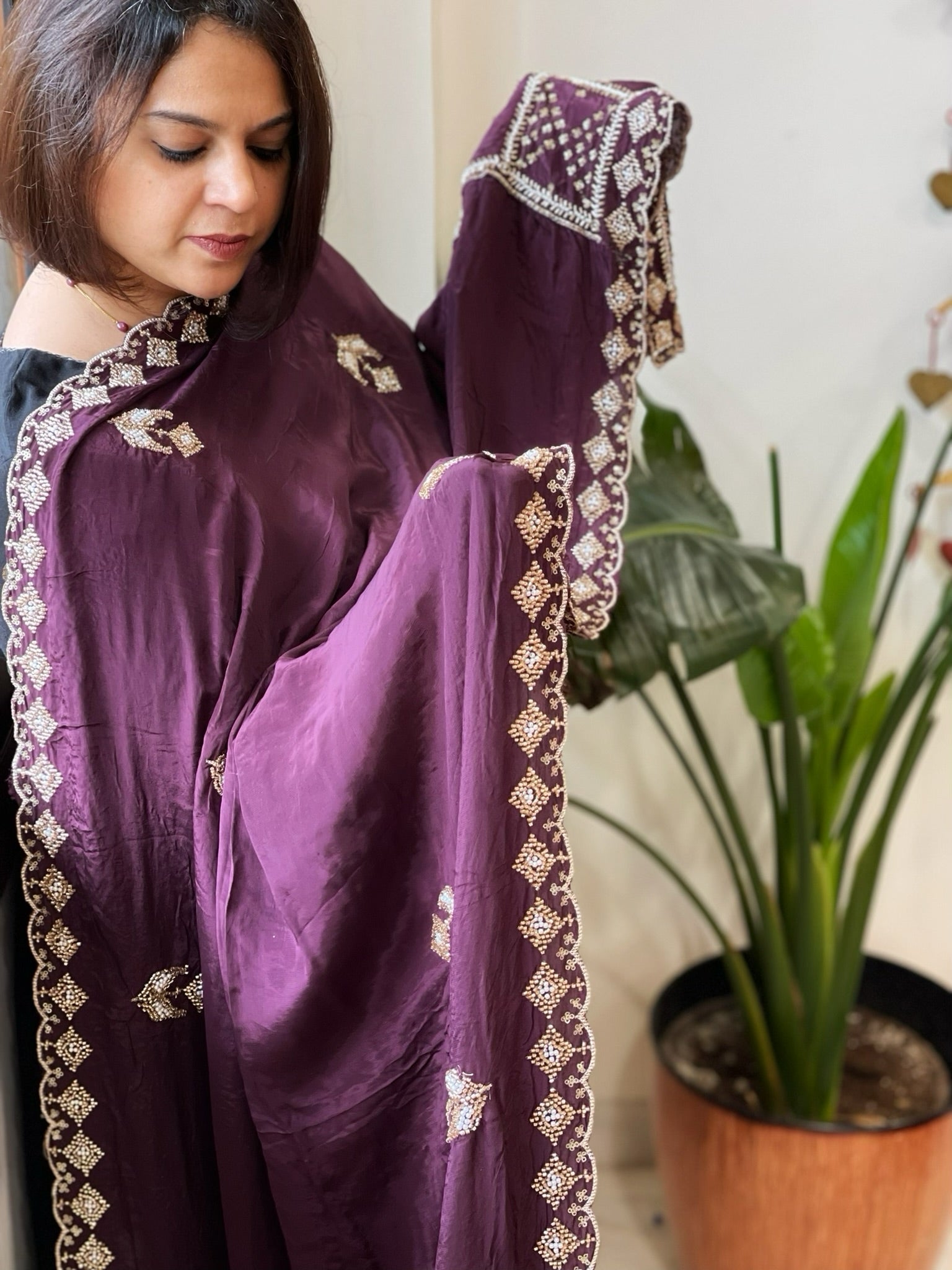 Wine Crepe Dupatta with Pearl, Cut Daana, Gold Thread & Sequin Embroidery - Masakalee