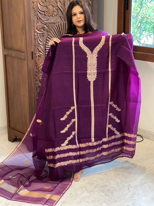 Wine Designer Banarasi Suit Set in Pure Silk - Masakalee