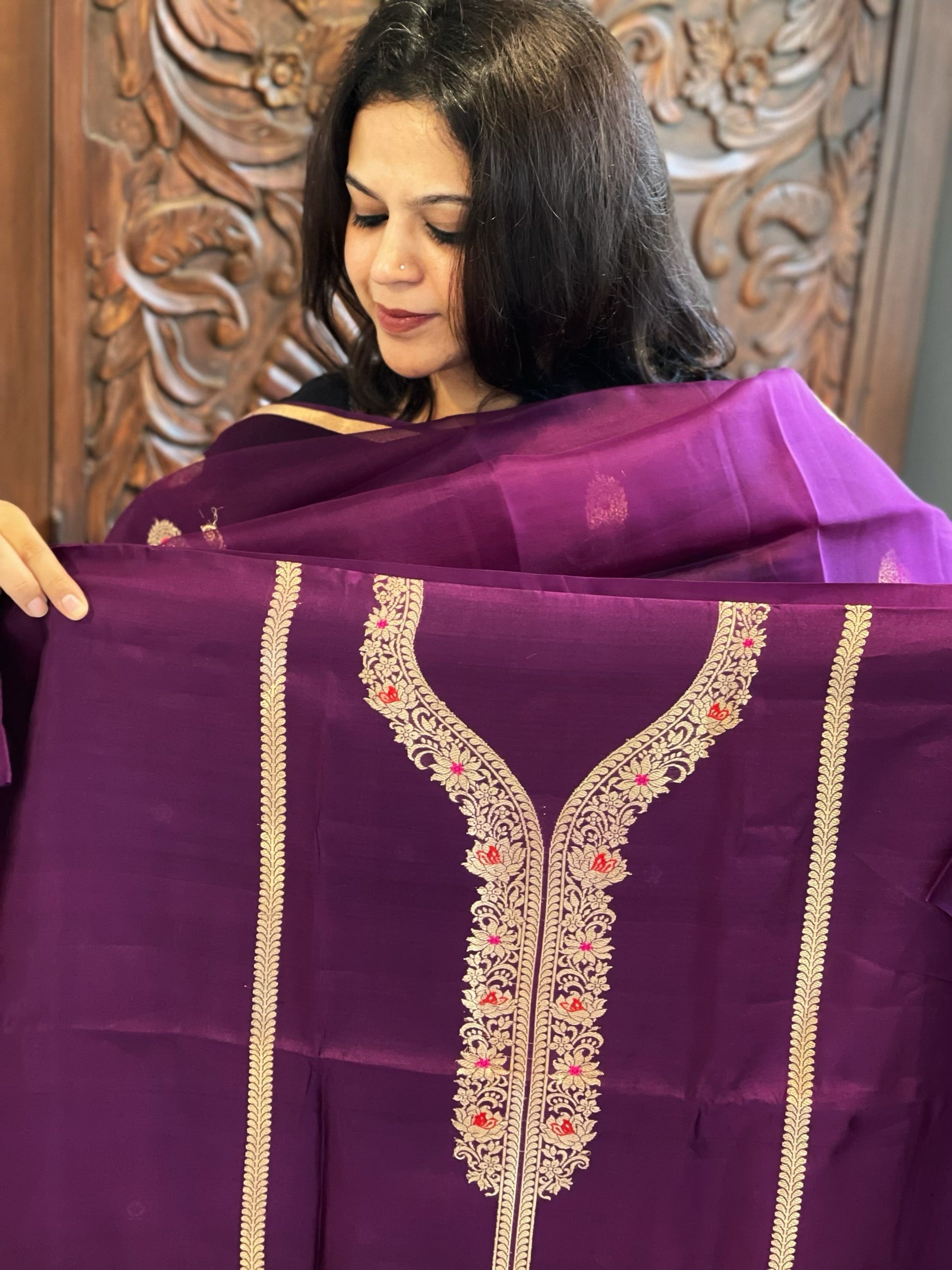 Wine Designer Banarasi Suit Set in Pure Silk - Masakalee