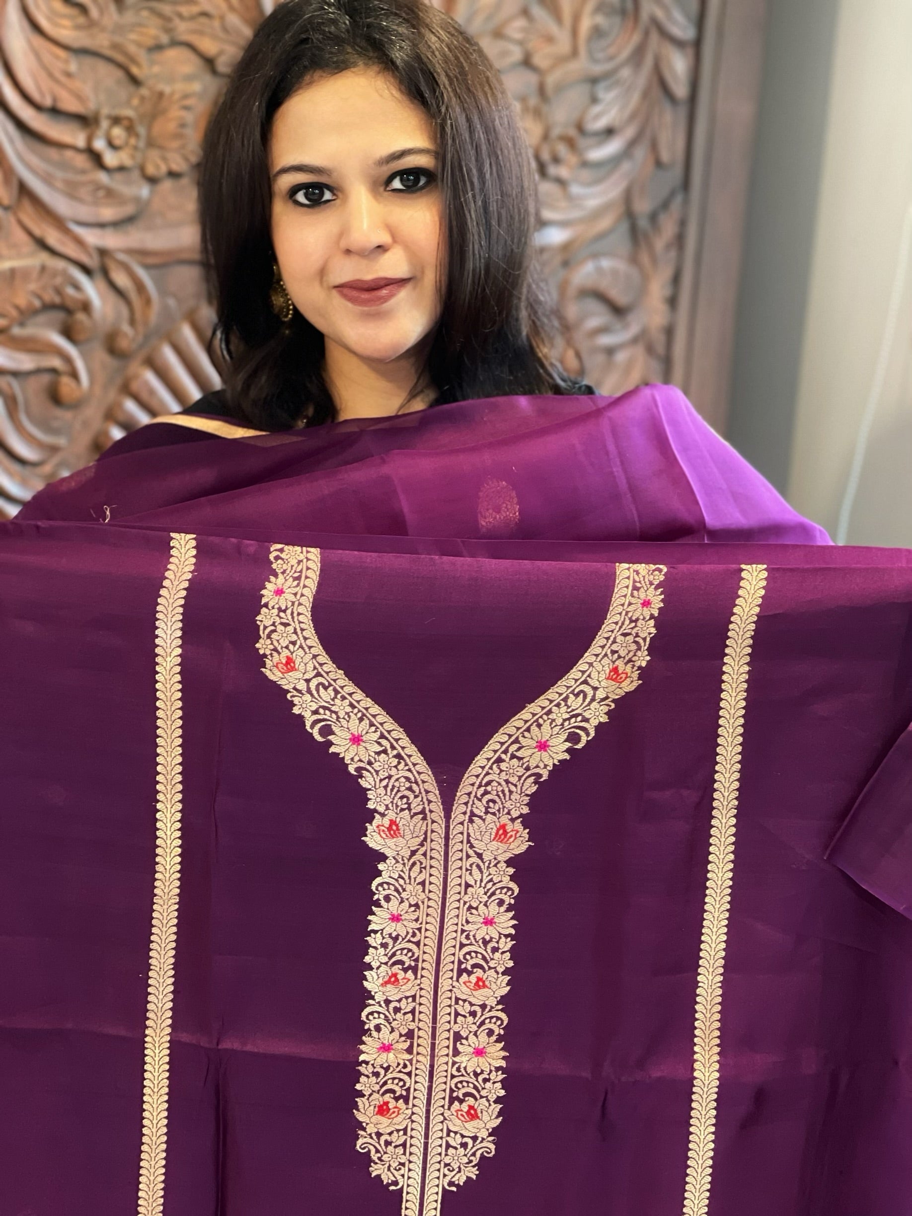 Wine Designer Banarasi Suit Set in Pure Silk - Masakalee