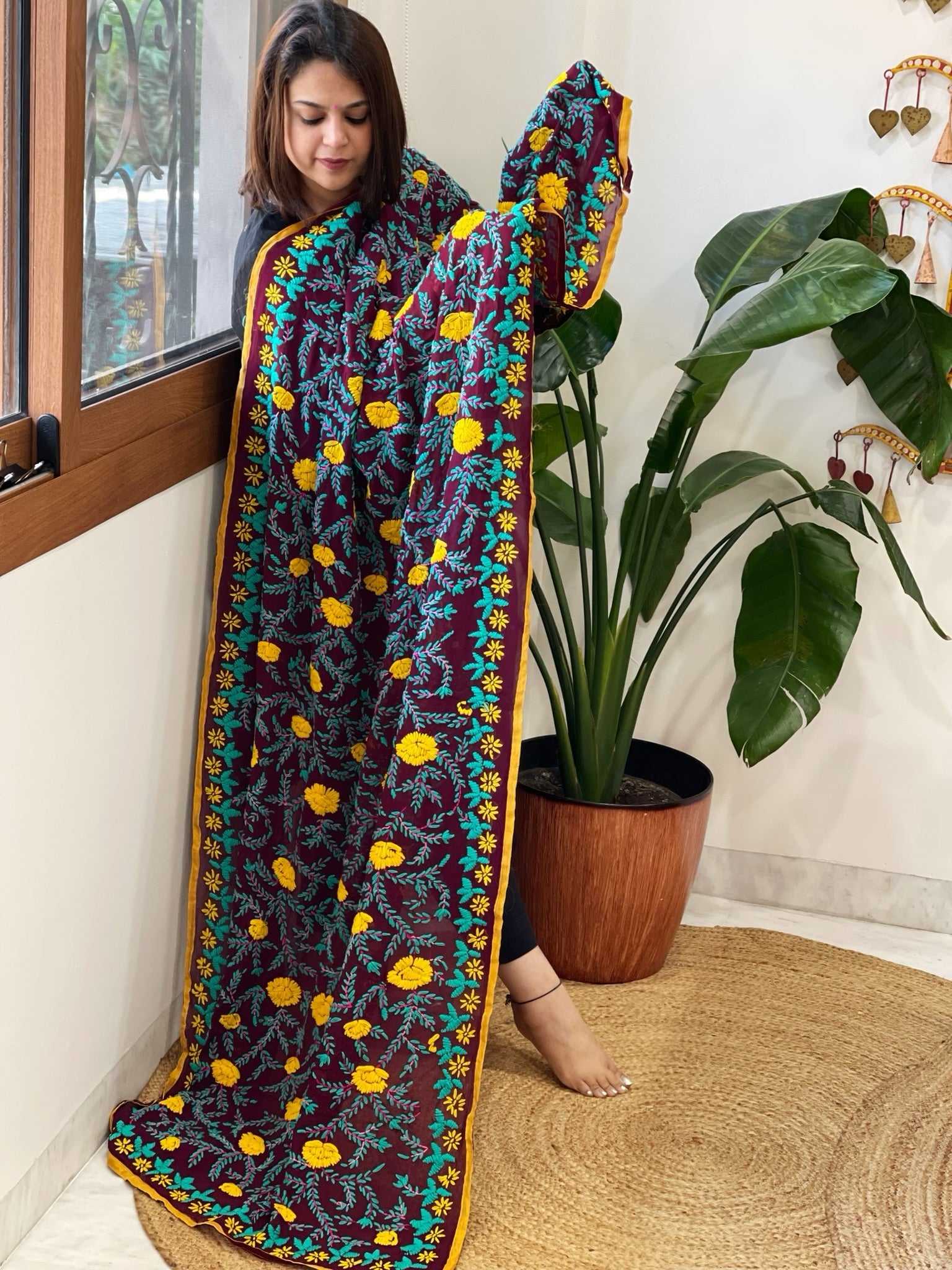 Wine Georgette dupatta with Woolen Thread Handwork - Masakalee