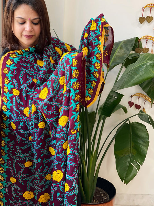 Wine Georgette dupatta with Woolen Thread Handwork - Masakalee