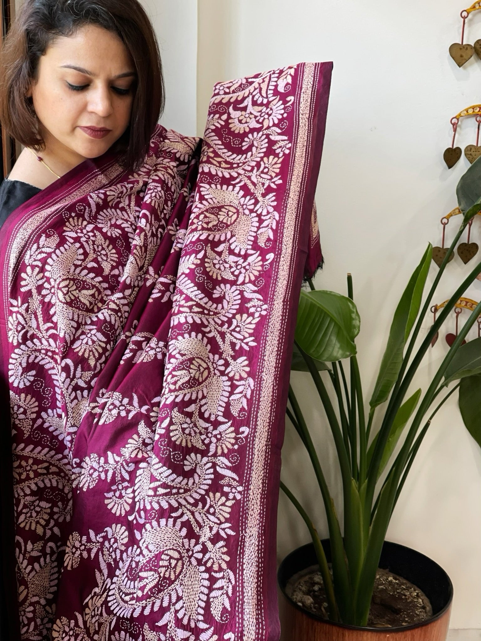 Wine Handmade Nakshi Kantha Dupatta in Pure Silk - Masakalee
