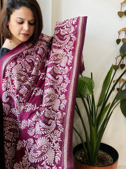Wine Handmade Nakshi Kantha Dupatta in Pure Silk - Masakalee
