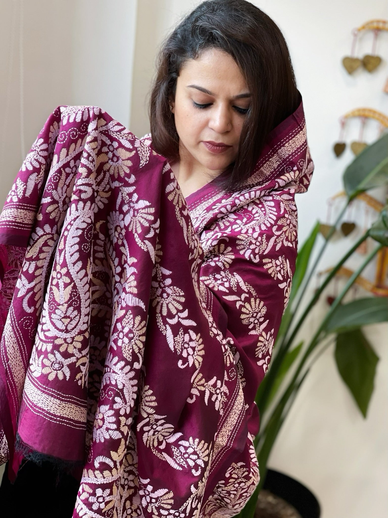 Wine Handmade Nakshi Kantha Dupatta in Pure Silk - Masakalee