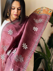 Wine Handpainted Dupatta with Kantha Hand Embroidery in Pure Silk - Masakalee