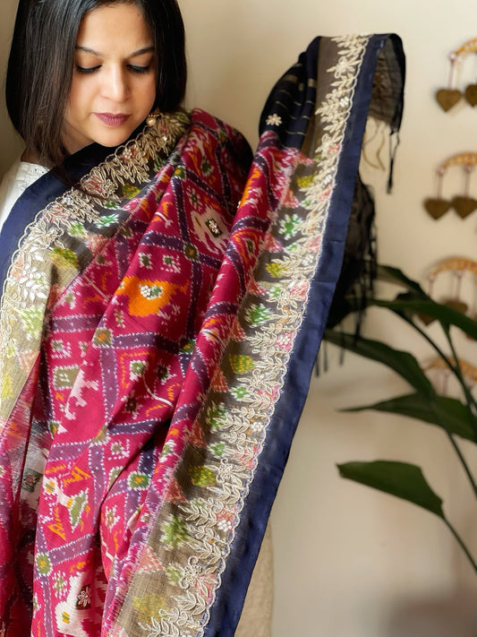 Wine Handwoven Ikat Patola with Gotapatti & Pearl Handwork dupatta in Pure Silk - Masakalee