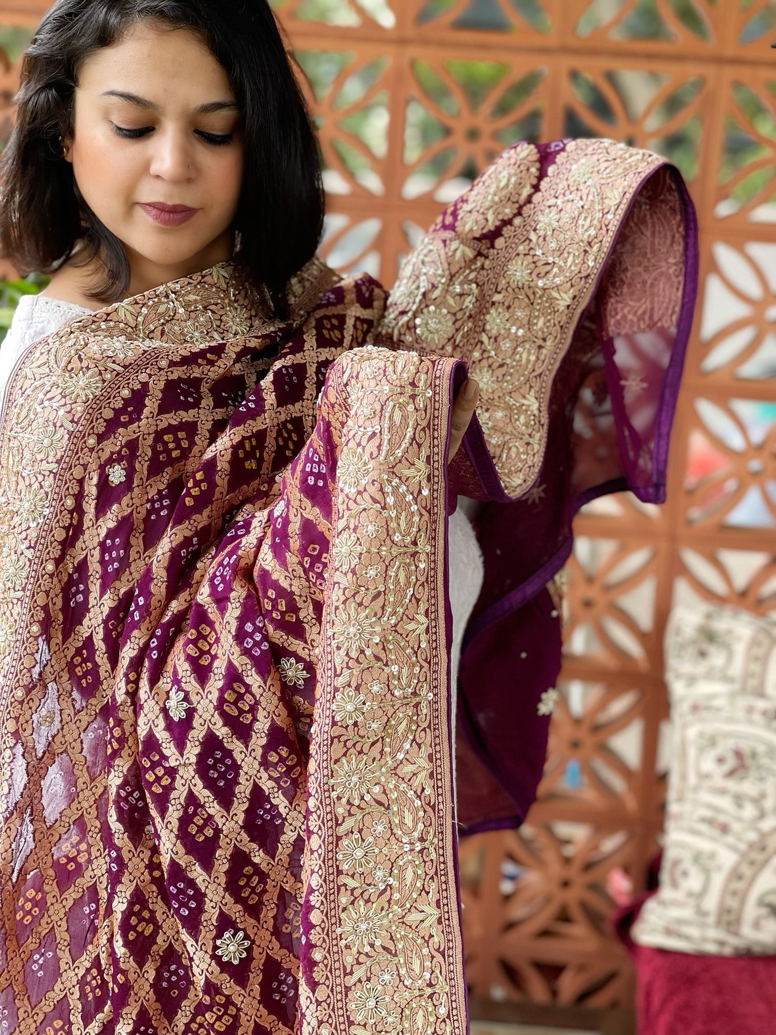 Wine Handwoven NeemZari Bareek Bandhani with Dabka Handwork in Pure Georgette - Masakalee