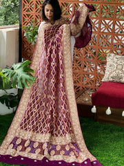 Wine Handwoven NeemZari Bareek Bandhani with Dabka Handwork in Pure Georgette - Masakalee