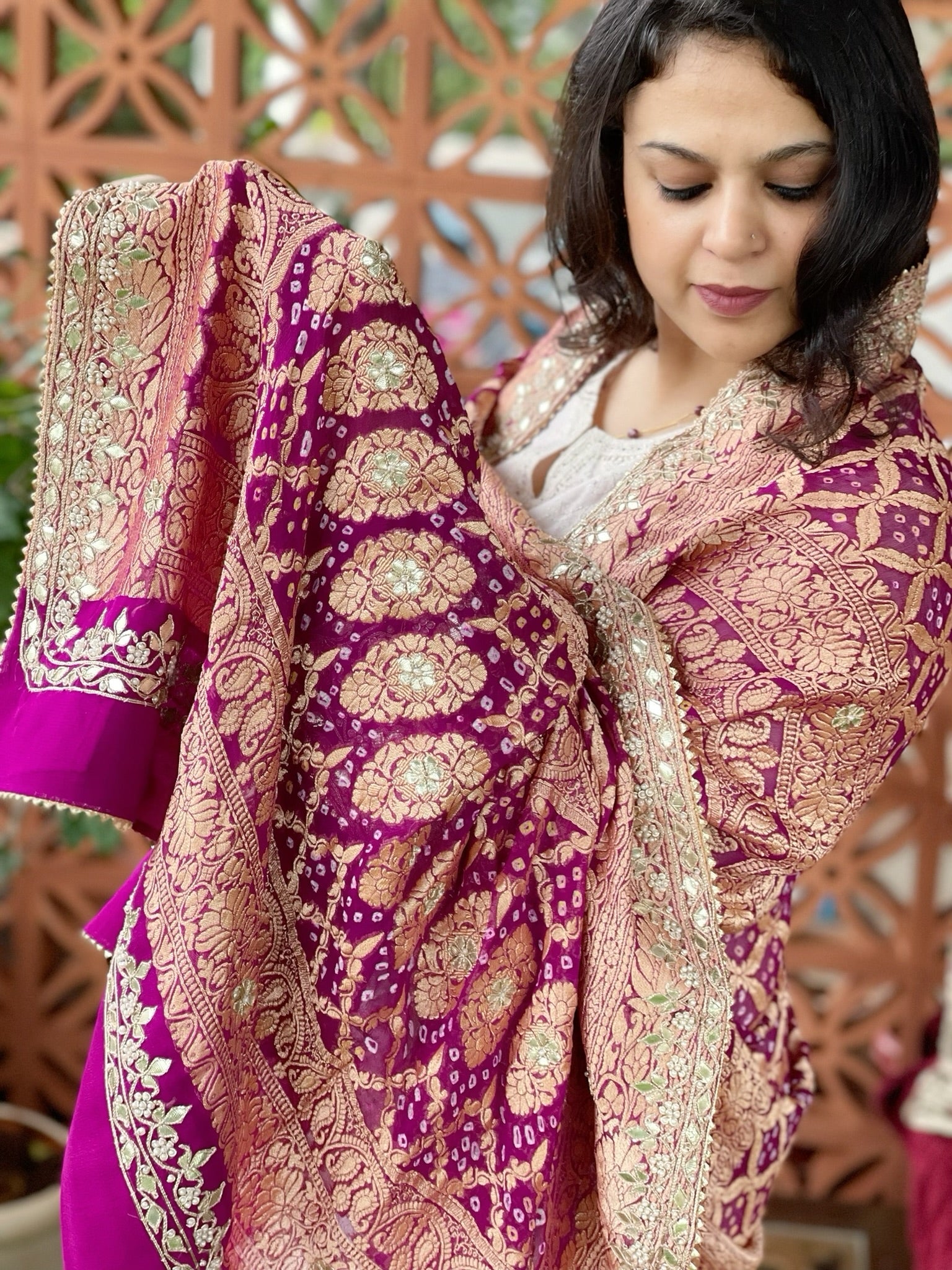 Wine Handwoven NeemZari Bareek Bandhani with Gotapatti Handwork in Pure Georgette - Masakalee