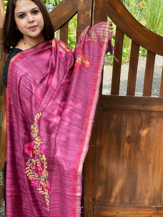Wine Kashmiri Aari Embroidered Dupatta in Geecha Silk - Masakalee