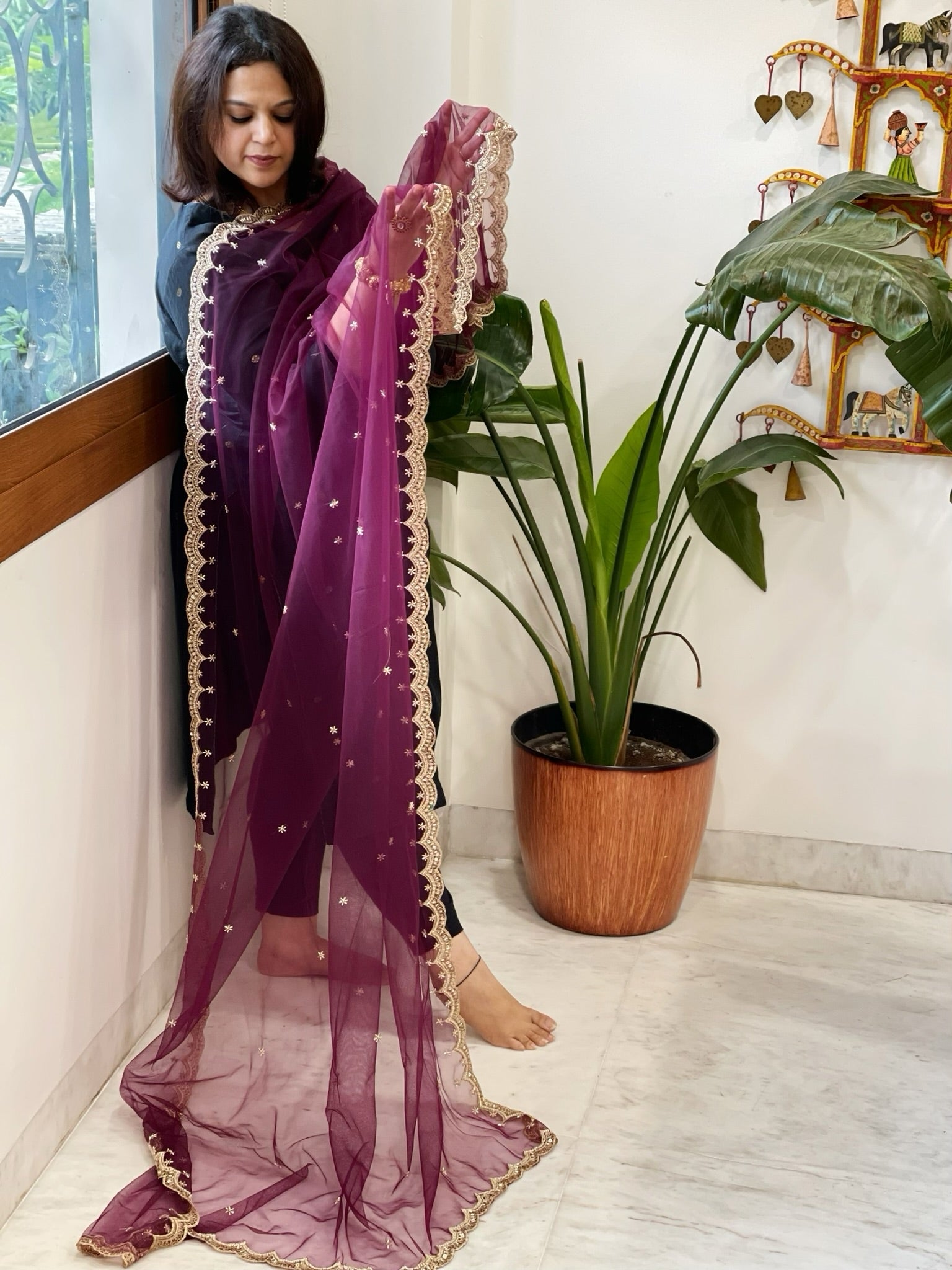 Wine Net Dupatta with Pearl, Sequin and Cut Daana Embroidery - Masakalee