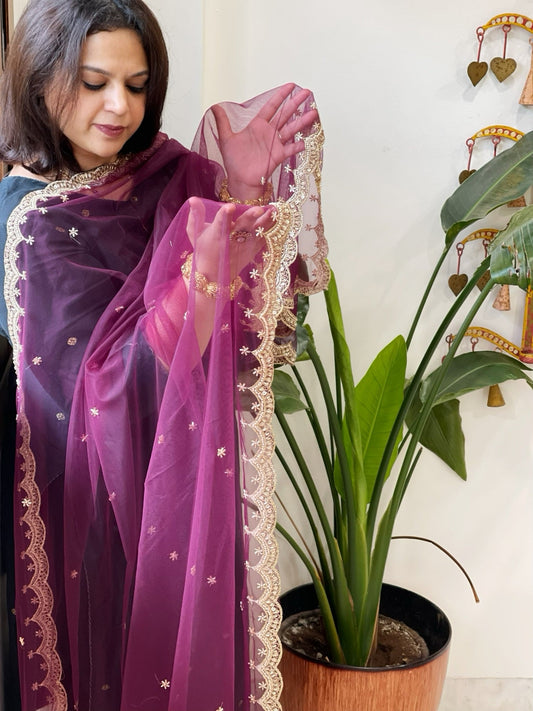 Wine Net Dupatta with Pearl, Sequin and Cut Daana Embroidery - Masakalee