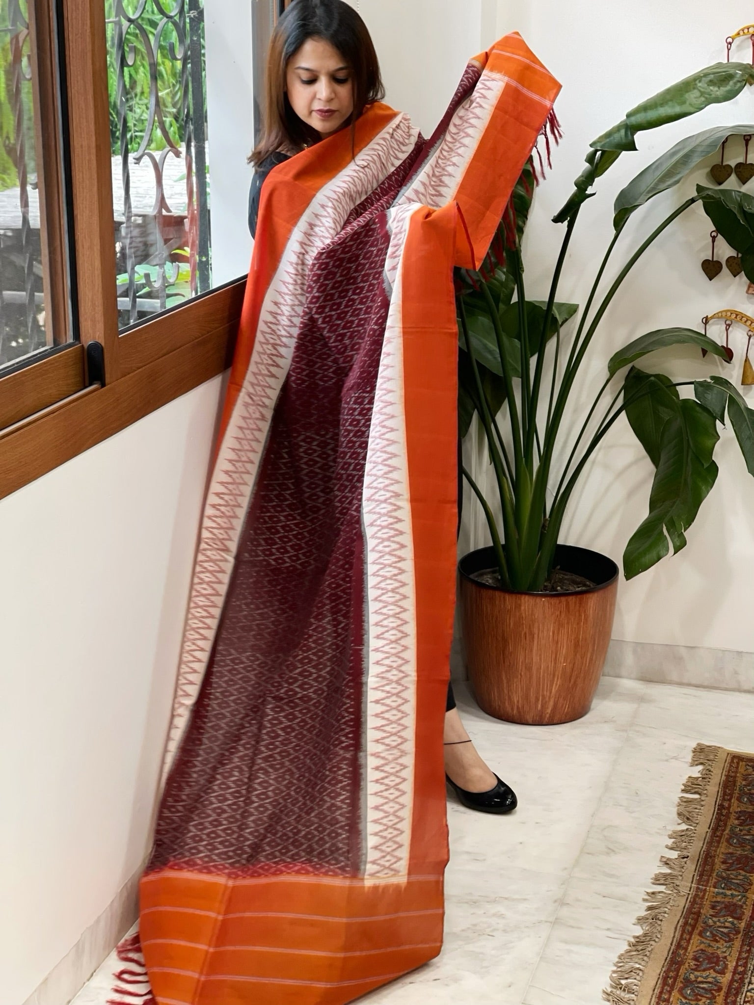 Wine, Orange Handwoven Ikat Dupatta in Cotton - Masakalee