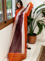 Wine, Orange Handwoven Ikat Dupatta in Cotton - Masakalee