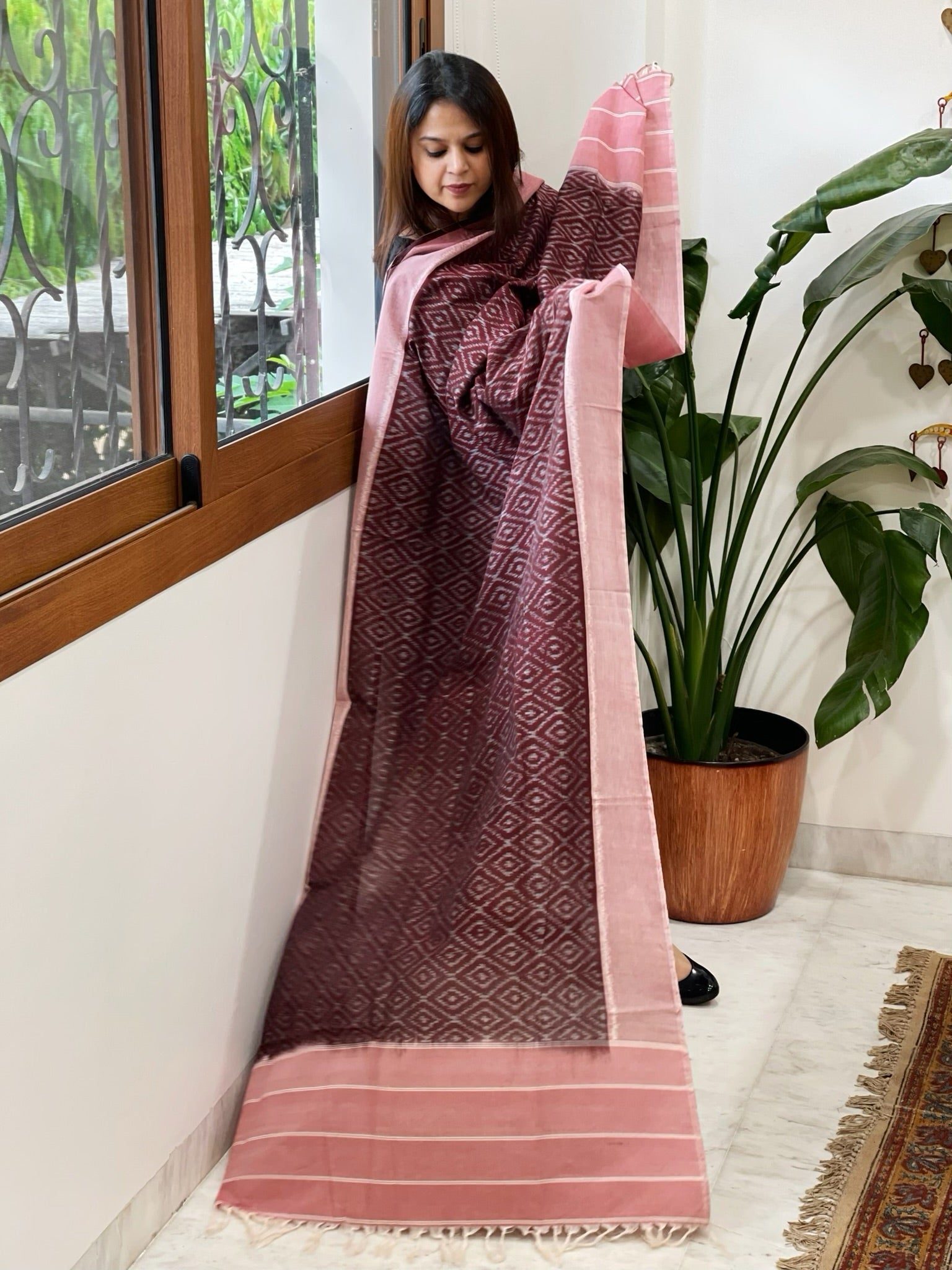 Wine, Pink Handwoven Ikat Dupatta in Cotton - Masakalee