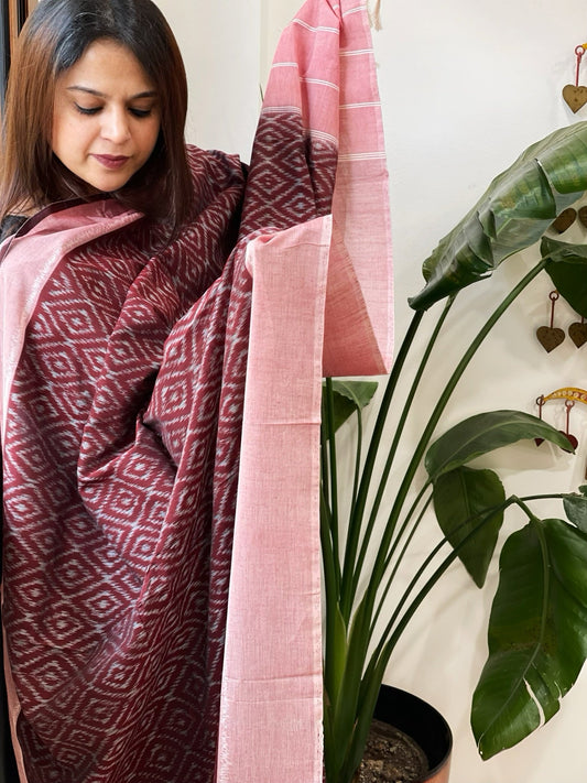 Wine, Pink Handwoven Ikat Dupatta in Cotton - Masakalee
