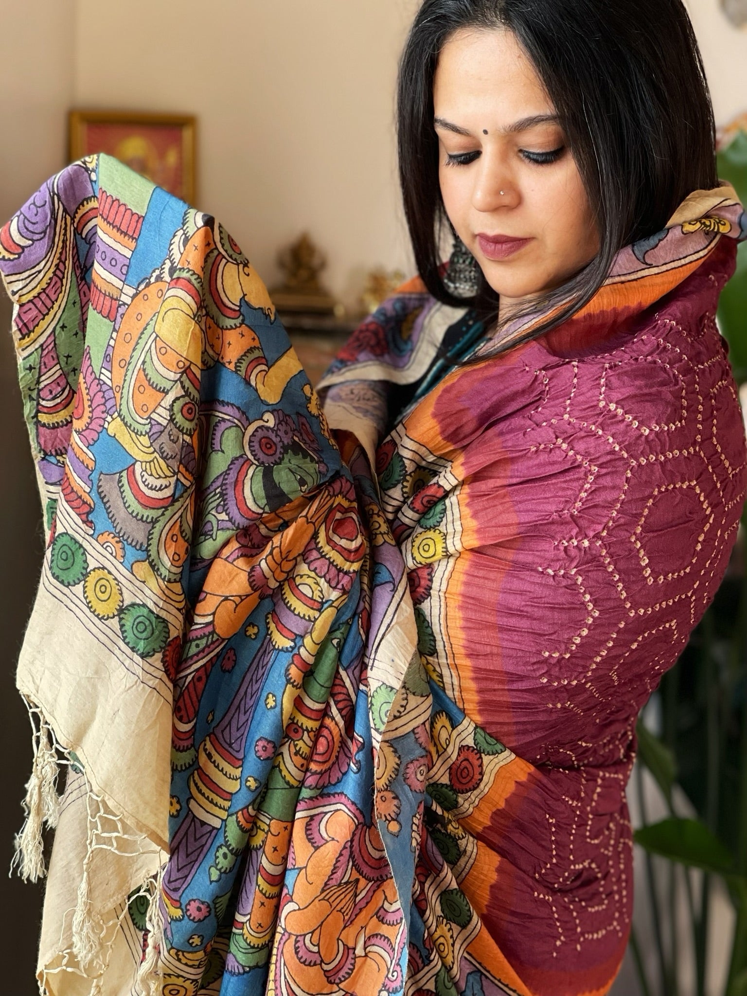 Wine Rai Bandhej Dupatta with Handpainted Kalamkari Pallu in Pure Muga Silk - Masakalee