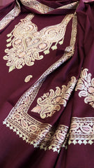 Wine Winter Suit Set with Aari Work in Pashmina Wool - Masakalee