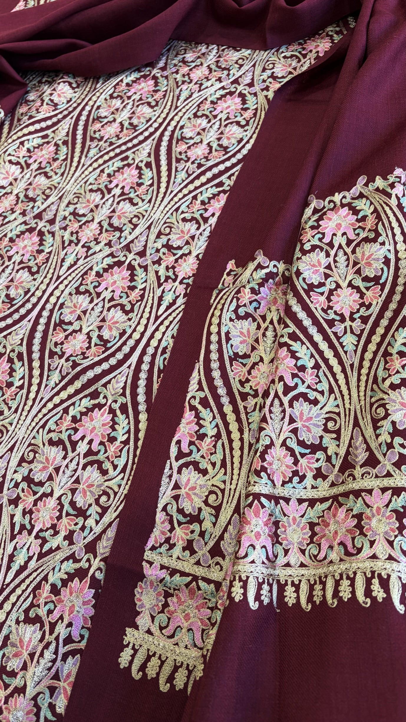 Wine Winter Suit Set with Aari Work in Pashmina Wool - Masakalee