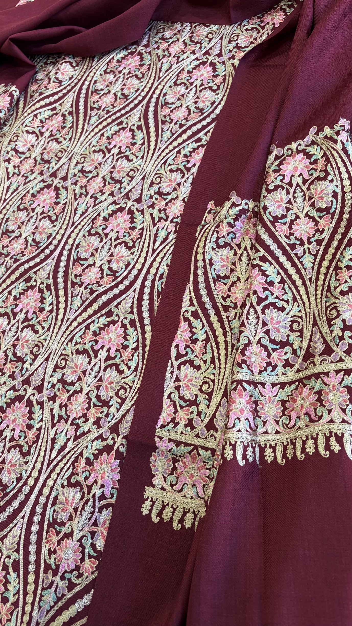 Wine Winter Suit Set with Aari Work in Pashmina Wool - Masakalee