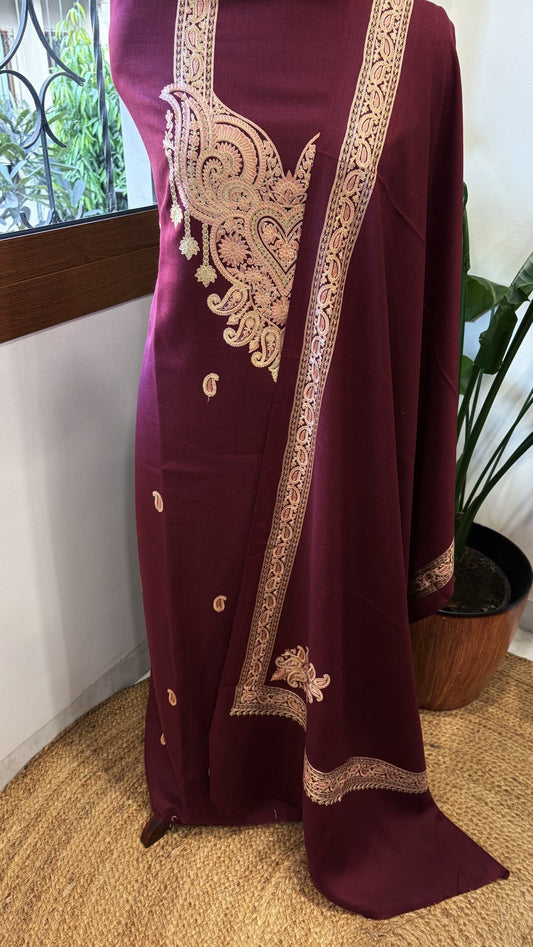 Wine Winter Suit Set with Aari Work in Pashmina Wool - Masakalee