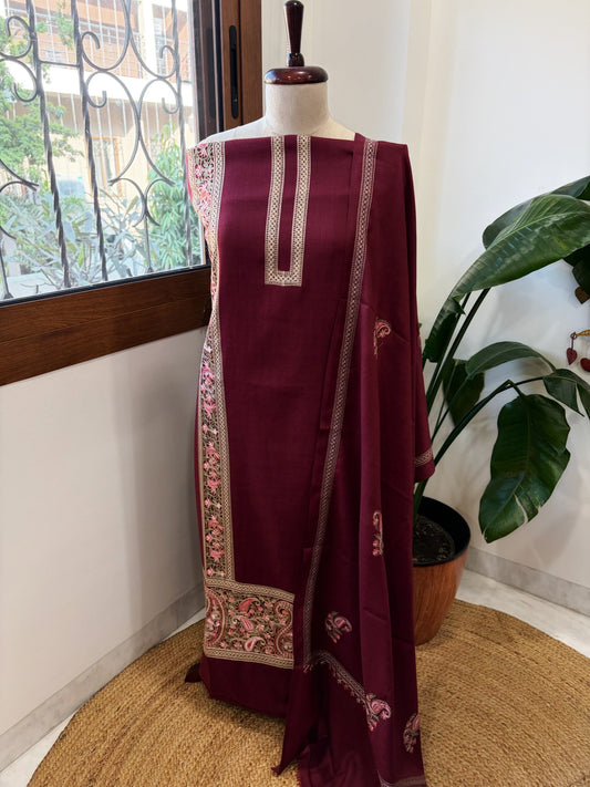 Wine Winter Suit Set with Aari Work in Pashmina Wool - Masakalee