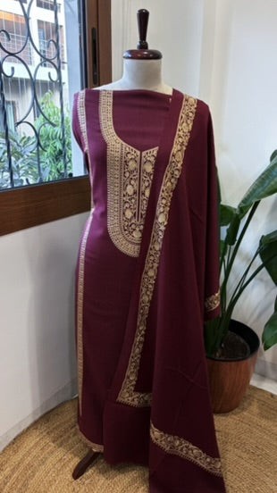 Wine Winter Suit Set with Aari Work in Pashmina Wool - Masakalee