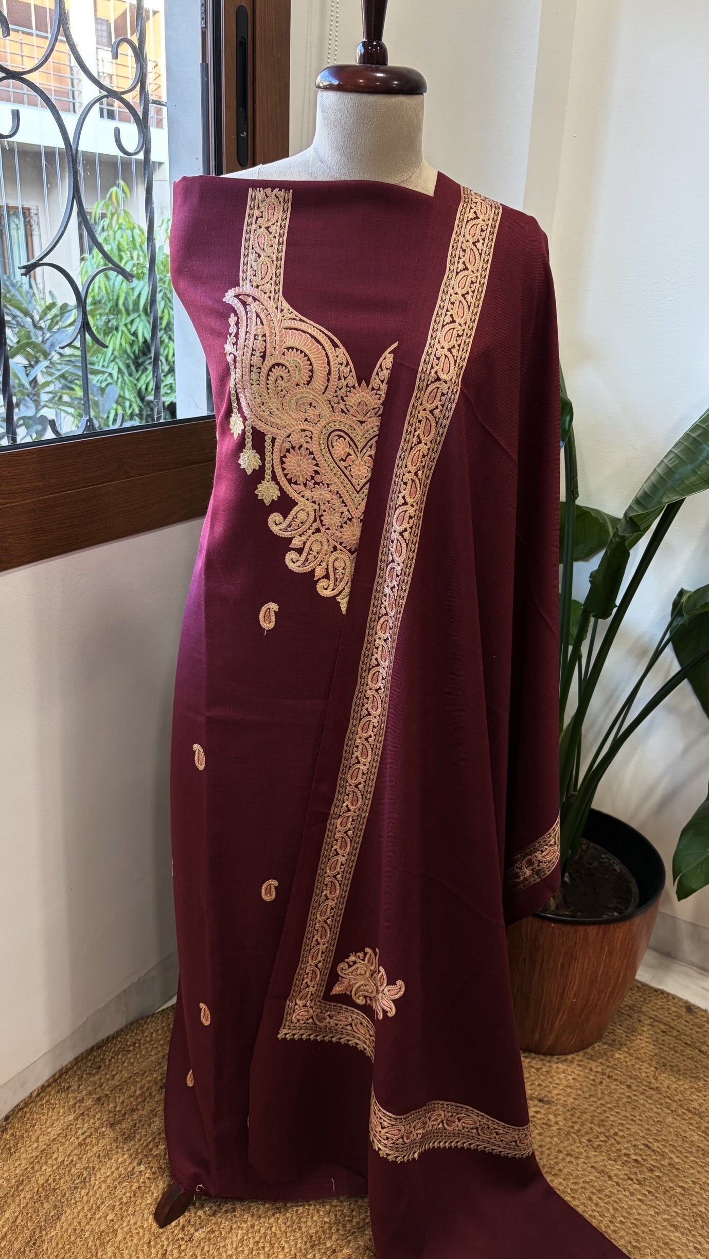 Wine Winter Suit Set with Aari Work in Pashmina Wool - Masakalee